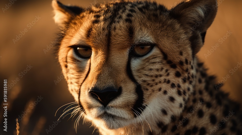 Close-up of a cheetah's face in the grassland. Generative AI Close-up of a cheetah's face in the grassland. Generative AI