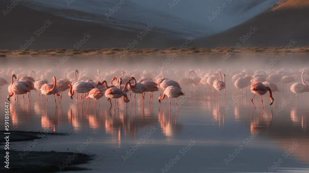 Fototapeta premium Group of flamingos wading in a shallow lake. Generative AI