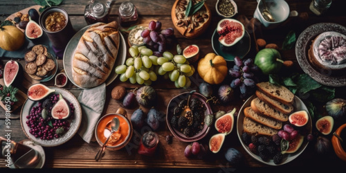 Table with vegetarian food and fresh fruit, top view. Generative AI.