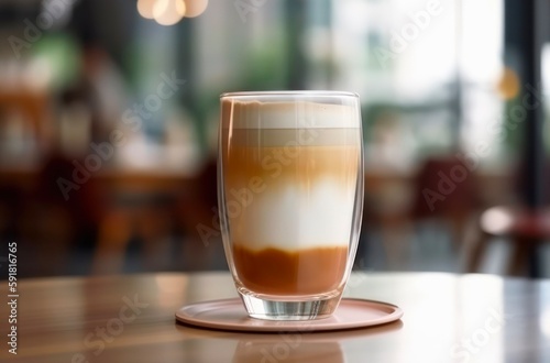 Glass of coffee with milk is on a table in front of abstract blurred background of cafe. Generative AI.