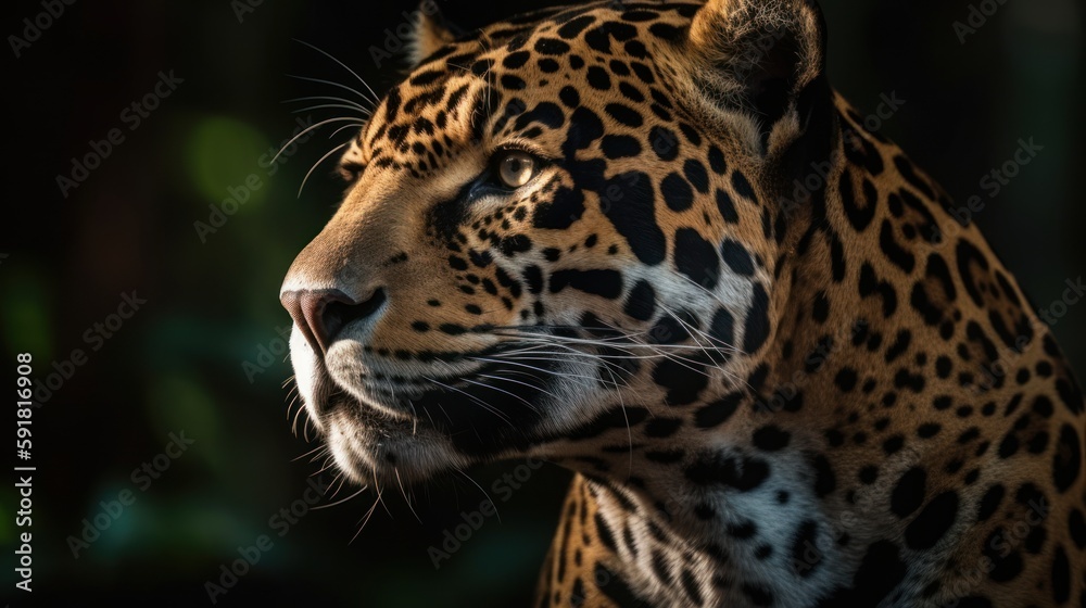 Close-up of a jaguar's face in the forest. Generative AI