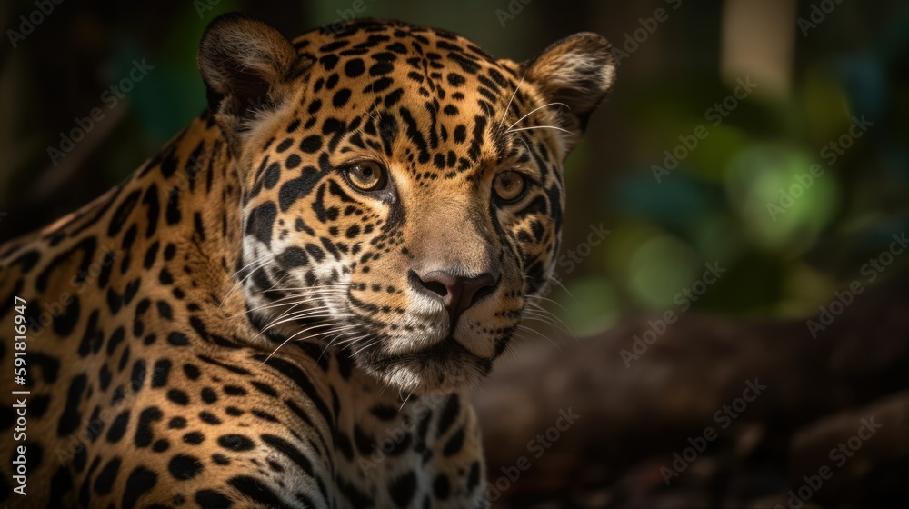 Close-up of a jaguar's face in the forest. Generative AI Close-up of a jaguar's face in the forest. Generative AI