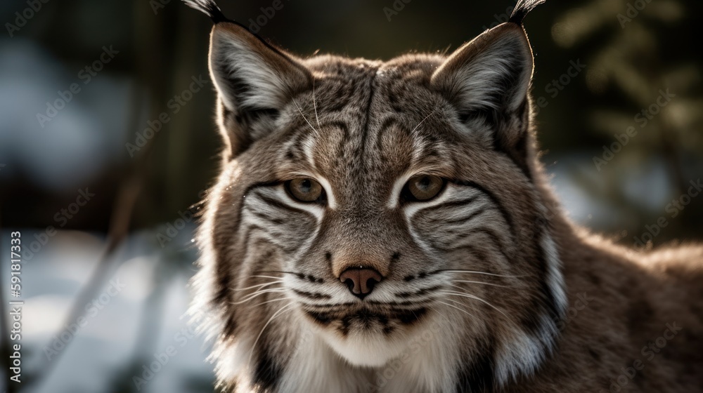 Close-up of a lynx's face in the snowy forest. Generative AI Close-up of a lynx's face in the snowy forest. Generative AI