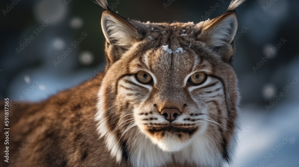 Close-up of a lynx's face in the snowy forest. Generative AI Close-up of a lynx's face in the snowy forest. Generative AI