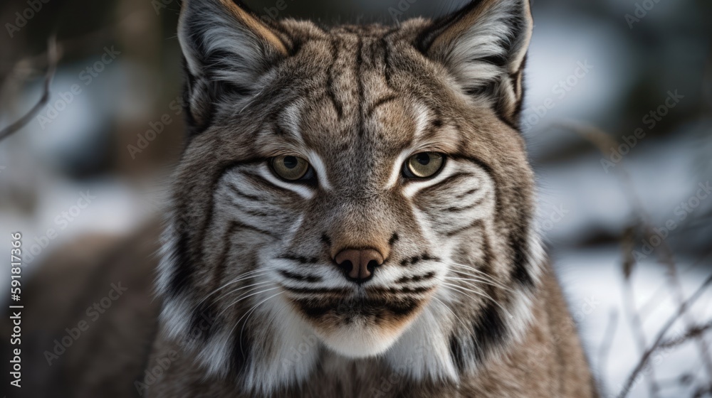 Close-up of a lynx's face in the snowy forest. Generative AI