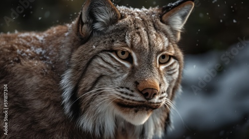 Close-up of a lynx's face in the snowy forest. Generative AI © bomoge.pl