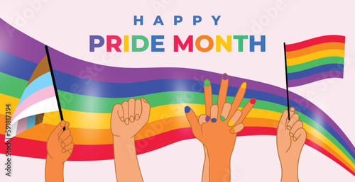Happy Pride month background. LGBTQ community symbols with hand sign, transgender flag, pride flag. Design for celebration against violence, bisexual, transgender, gender equality, rights concept.