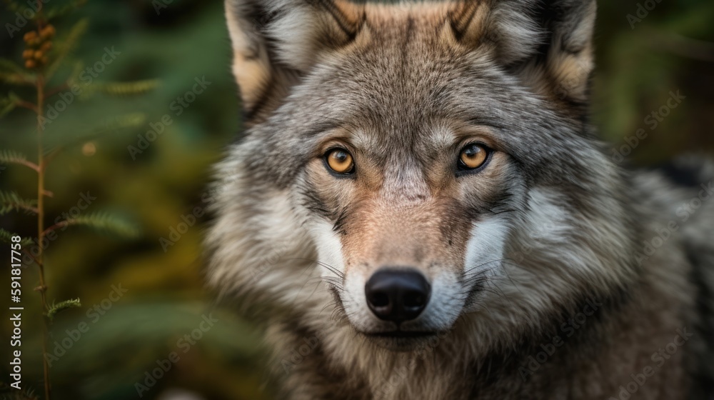 Close-up of a wolf's face in the forest. Generative AI