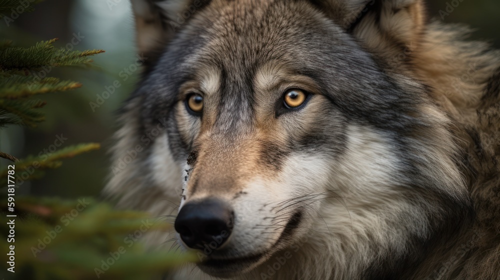 Close-up of a wolf's face in the forest. Generative AI