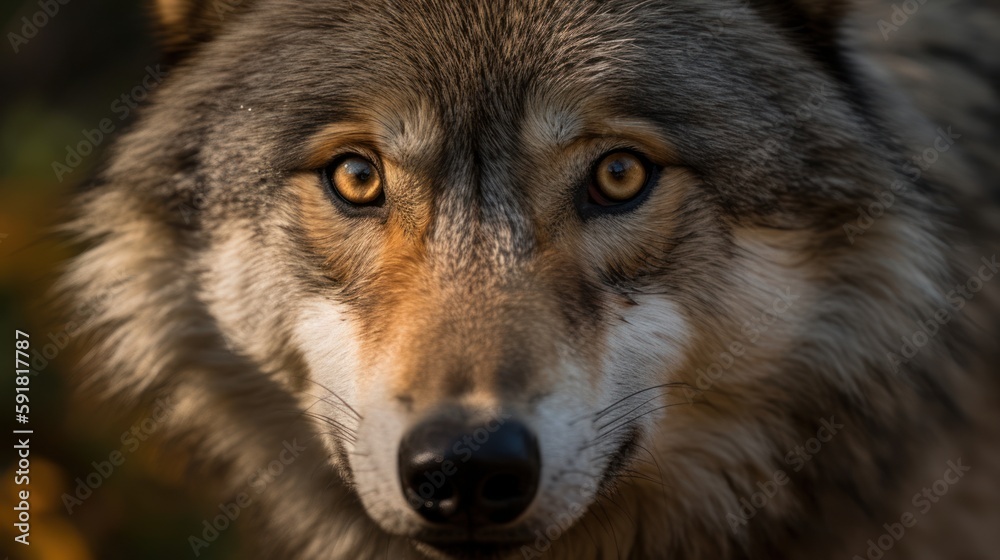 Close-up of a wolf's face in the forest. Generative AI