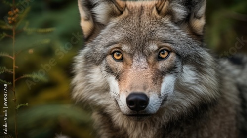 Close-up of a wolf's face in the forest. Generative AI © bomoge.pl