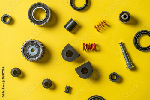 Bild auf Leinwand new car spare parts flat lay, pieces for automobile engine repair, flat lay