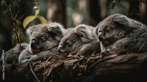 Group of koalas sleeping on eucalyptus trees. Generative AI