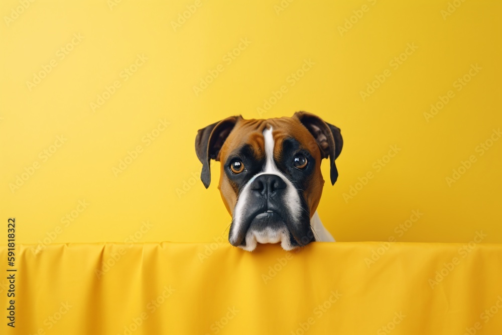 Portrait of a cute Boxer dog isolated on minimalist background with copy space/negative space