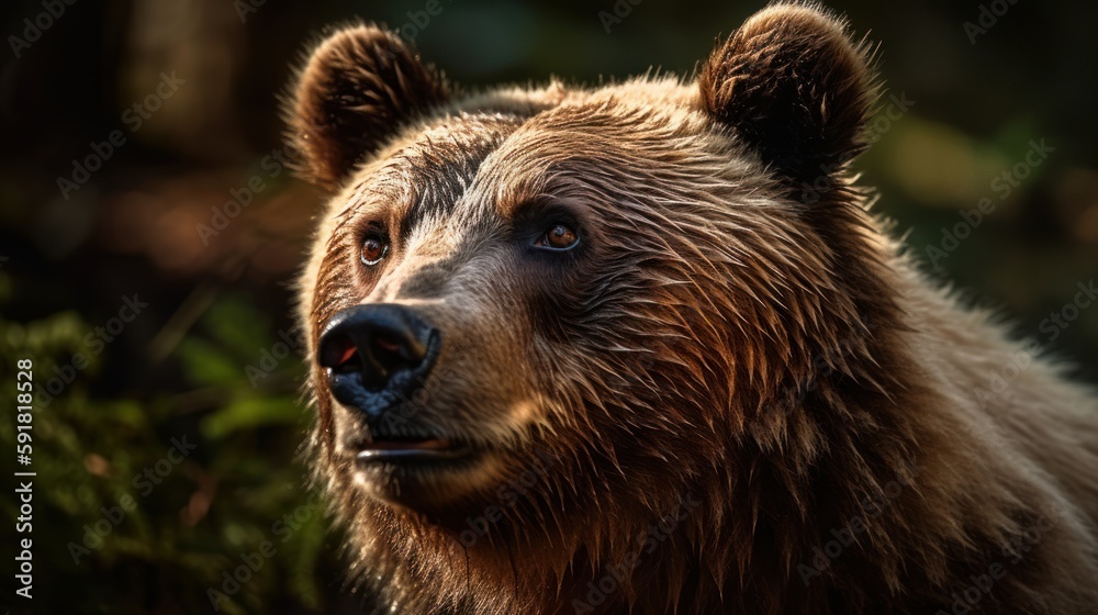 Close-up of a grizzly bear's face in the forest. Generative AI Close-up of a grizzly bear's face in the forest. Generative AI