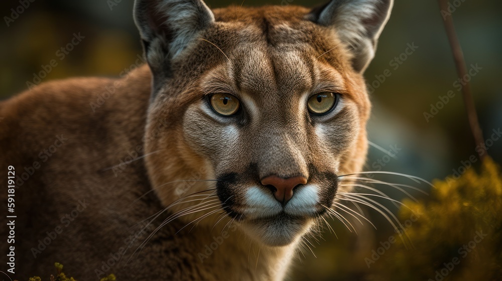 Naklejka premium Close-up of a puma's face in the forest. Generative AI