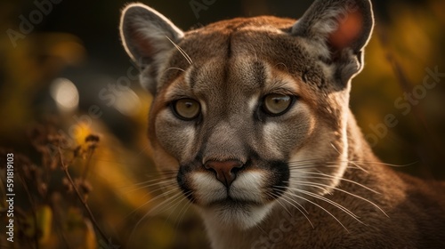 Close-up of a puma s face in the forest. Generative AI