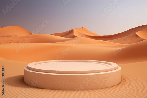 Podium in the desert. Beige display background and natural shadow. Beauty product promotion mockup. Round stand for cosmetic products. Generative AI