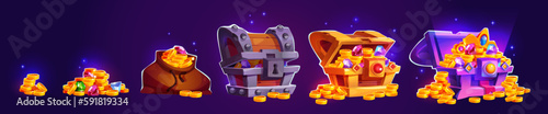 Game open pirate treasure chest with gold coin icon set. Money box with golden money stack ui store interface asset. Magic loot or bonus reward collection. Mystery wealth object with gem and diamond