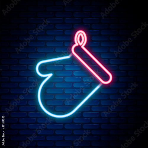 Glowing neon line Oven glove icon isolated on brick wall background. Kitchen potholder sign. Cooking glove. Colorful outline concept. Vector