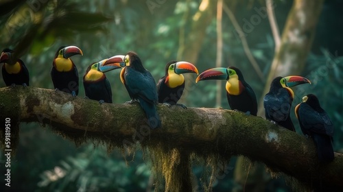 Group of toucans perched on a branch in the jungle. Generative AI