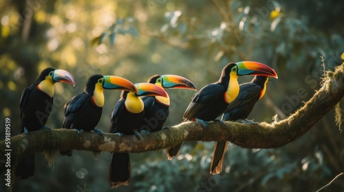 Group of toucans perched on a branch in the jungle. Generative AI