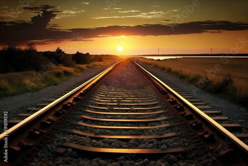 scenic train track at sunset. Generative AI