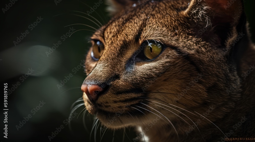 Close-up of a jaguarundi's face in the forest. Generative AI