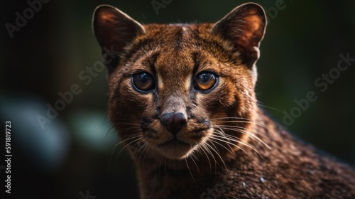 Close-up of a jaguarundi's face in the forest. Generative AI photo