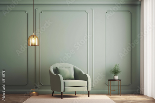 Modern living room with monochrome sage green empty wall. Contemporary interior design with trendy wall color, plants and chair. Generative AI.