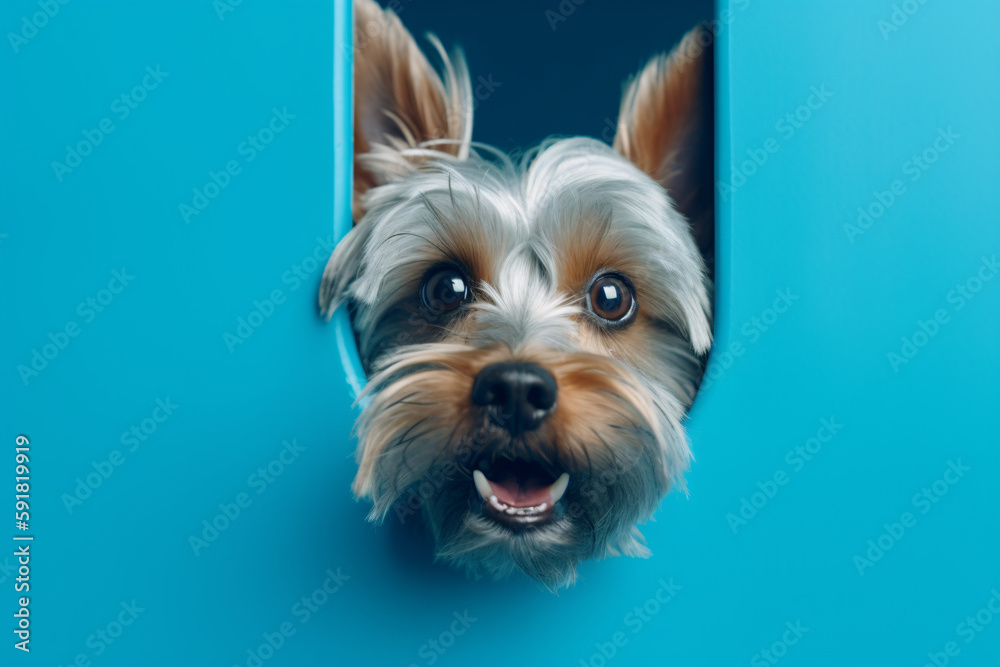 Portrait of a cute Yorkshire Terrier dog isolated on minimalist background with copy space/negative space
