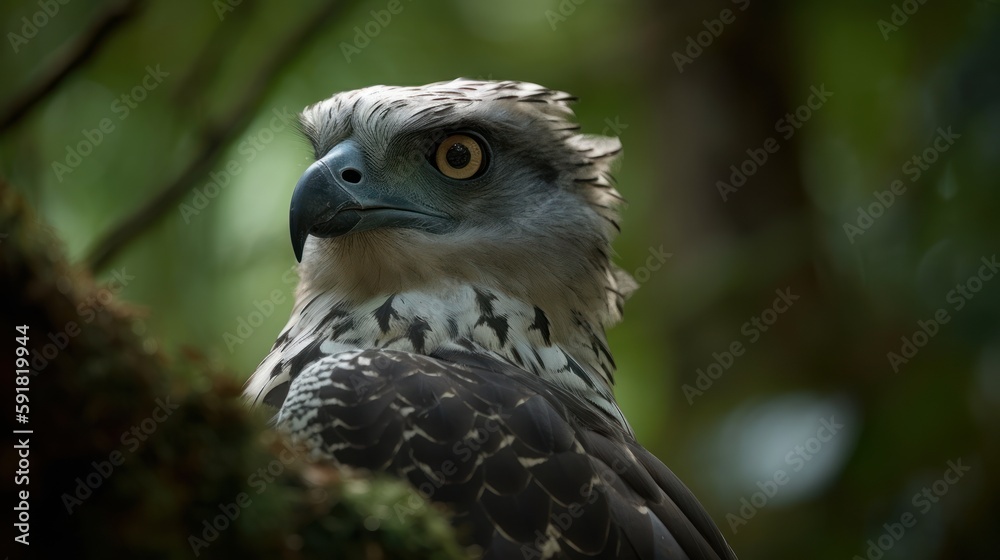 Obraz premium Close-up of a harpy eagle's face in the forest. Generative AI