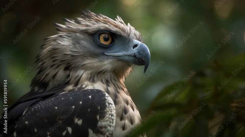 Close-up of a harpy eagle's face in the forest. Generative AI Close-up of a harpy eagle's face in the forest. Generative AI