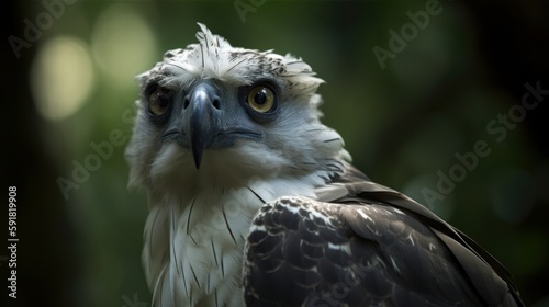 Close-up of a harpy eagle s face in the forest. Generative AI