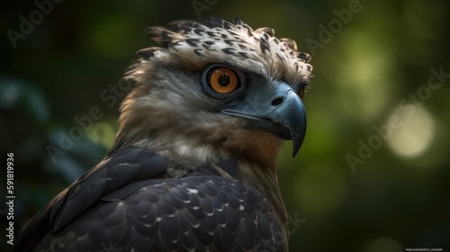 Close-up of a harpy eagle s face in the forest. Generative AI