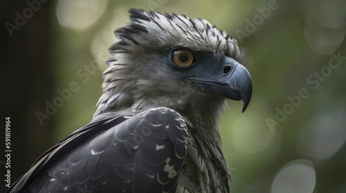 Close-up of a harpy eagle s face in the forest. Generative AI