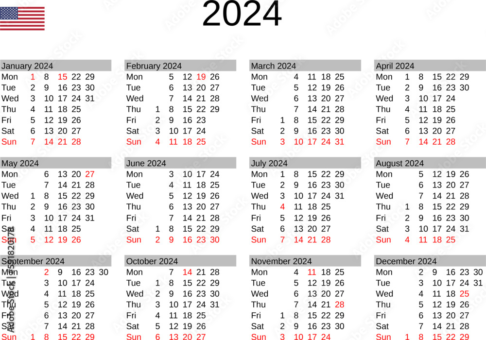 calendar of year 2024 in English language with United States public