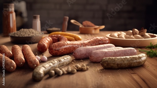 different types of sausages on a wooden table. meat products. food. generative ai