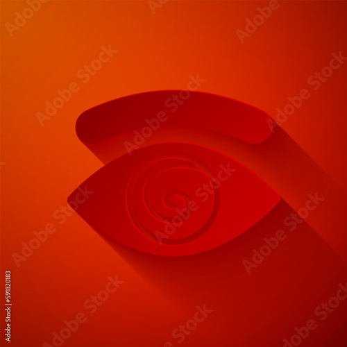 Paper cut Hypnosis icon isolated on red background. Human eye with spiral hypnotic iris. Paper art style. Vector