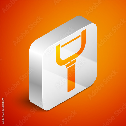Isometric Peeler icon isolated on orange background. Knife for cleaning of vegetables. Kitchen item, appliance. Silver square button. Vector