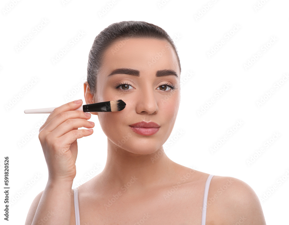 Woman with makeup brush on white background Woman with makeup brush on white background
