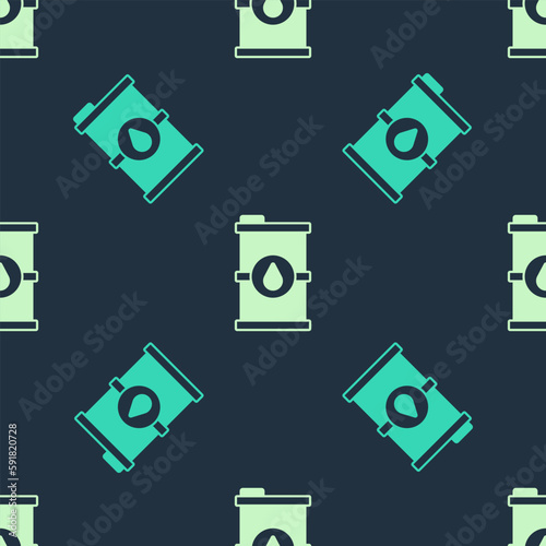 Green and beige Bio fuel barrel icon isolated seamless pattern on blue background. Eco bio and canister. Green environment and recycle. Vector