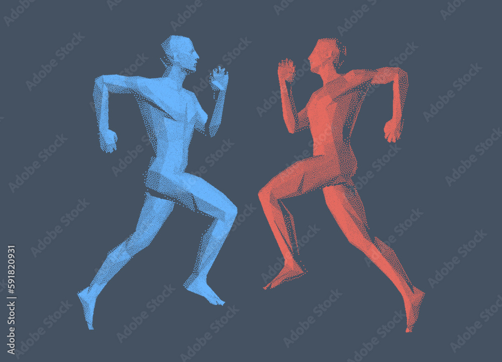 Two athletes run at each other. Running man or marathon runner.  Design for sport. 3D human body model. Vector for brochure, flyer, presentation or banner.