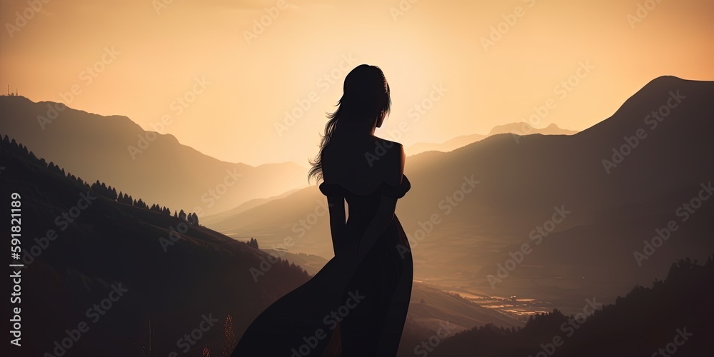 Silhouette of a girl in the mountains at sunset. Beautiful landscape Generative, generative AI, AI Silhouette of a girl in the mountains at sunset. Beautiful landscape Generative, generative AI, AI