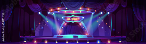 Cartoon night circus ring stage inside vector background. Dark theater amusement show scene backdrop illustration with spotlight and garland near platform. Evening festival podium for magician event.