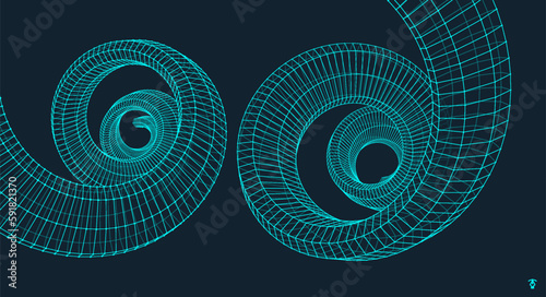 Spiral. Connection structure. Swirling geometric tunnel. Twisted blue wireframe wormhole. Abstract grid design in technology style. 3d vector illustration for brochure, presentation, flyer or banner.
