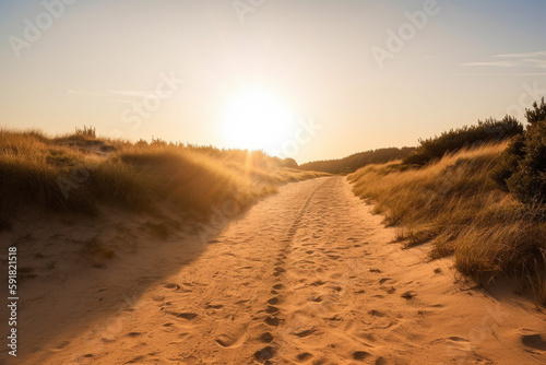 Paseo de arena hacia el horizonte con puesta de sol en el atardecer. Camino de tierra hacia la playa. Generative ai.