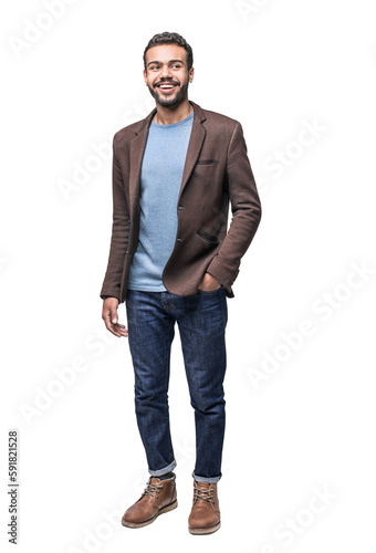 Cheerful businessman standing confident isolated in transparent PNG, Full length studio portrait of smiling young man looking away