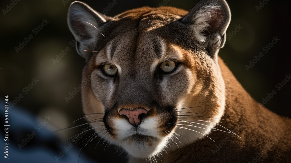 Obraz premium Close-up of a mountain lion's face in the forest. Generative AI