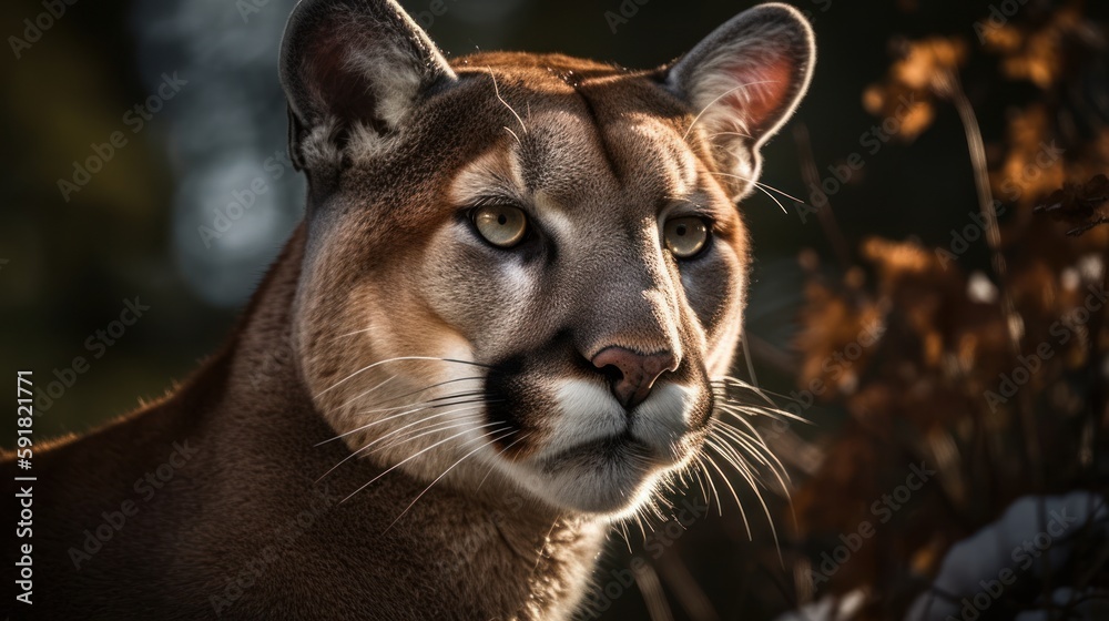 Obraz premium Close-up of a mountain lion's face in the forest. Generative AI